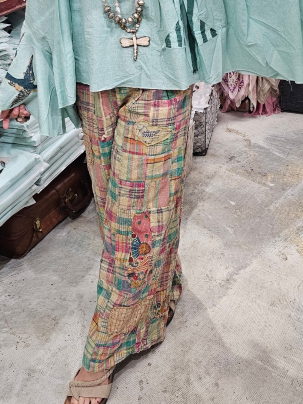 Women's Plaid Patchwork Wide-Leg Jeans - Multi Pastel